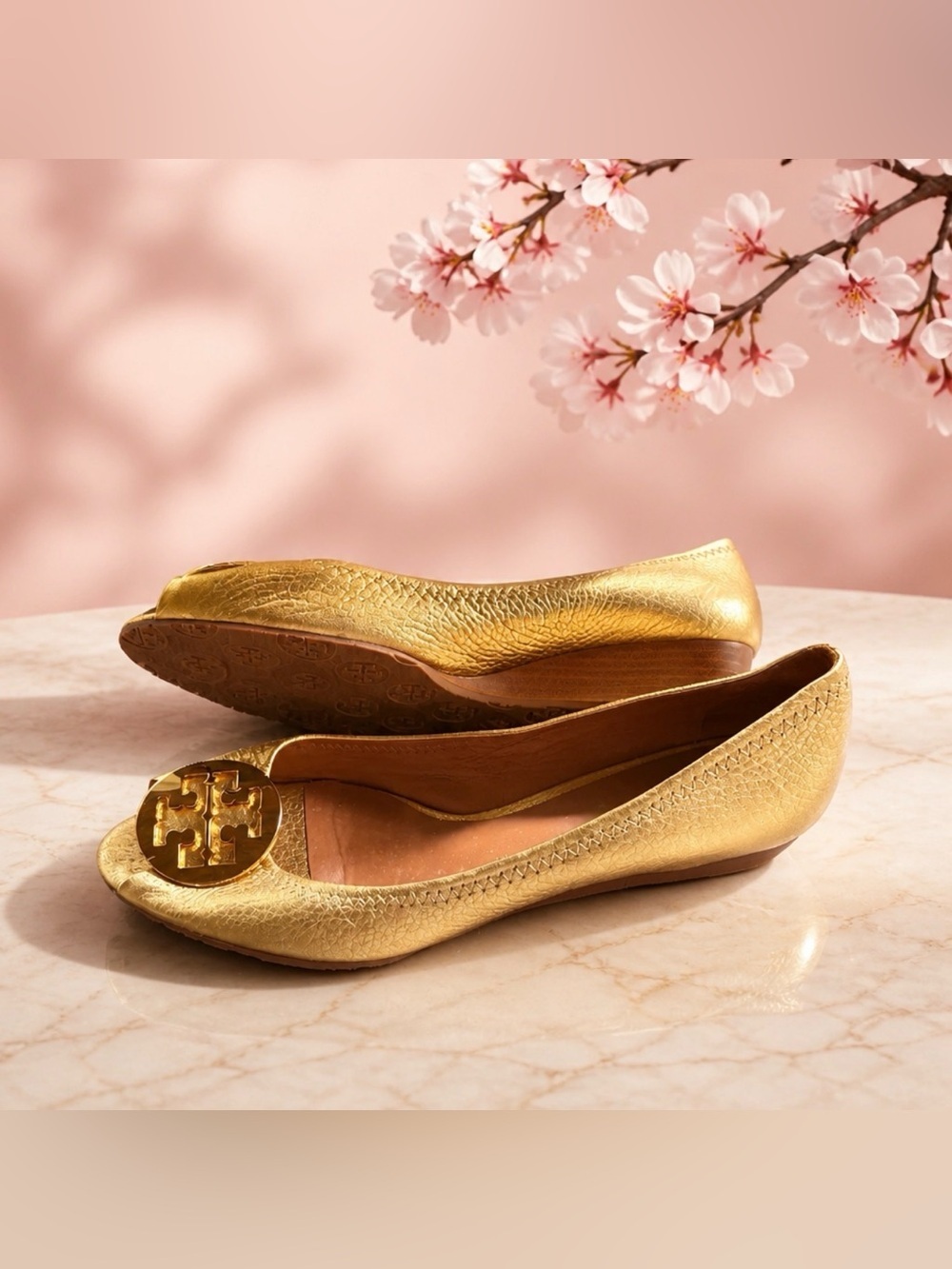 Tory Burch Metallic Gold Leather Ballet Flats with Logo